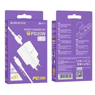 Мережевий Зарядний Пристрій Borofone BA81A 1USB-C PD/QC 20W+Type-C to Lightning Бiлий