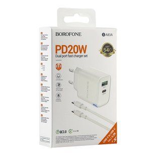 Мережевий Зарядний Пристрій Borofone BA83A 1USB-C/1USB PD/QC 20W+Type-C to Type-C Бiлий