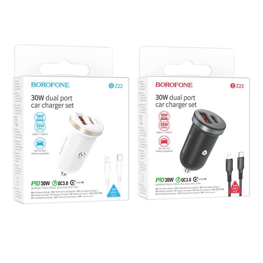 Автомобільний Зарядний Пристрій Borofone BZ22 1USB/1USB-C QC/PD30W+Type-C to Lightning Бiлий