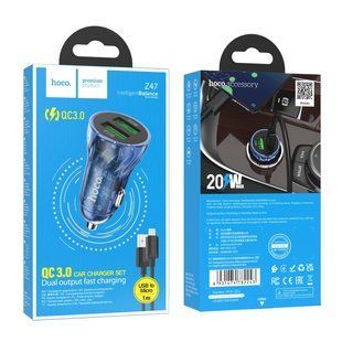 Автомобільний Зарядний Пристрій Hoco Z47 Transparent QC3.0 18W Micro Прозорий синій