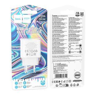 Мережевий Зарядний Пристрій Hoco C109A 1USB-C/1USB PD/QC 20W Бiлий