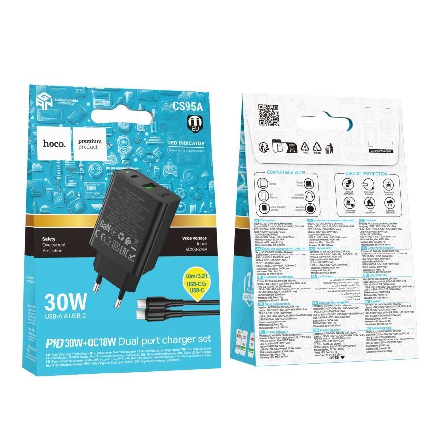 Сетевое Зарядное Устройство Hoco CS95A 1USB/1USB-C QC/PD 30W+Type-C to Type-C