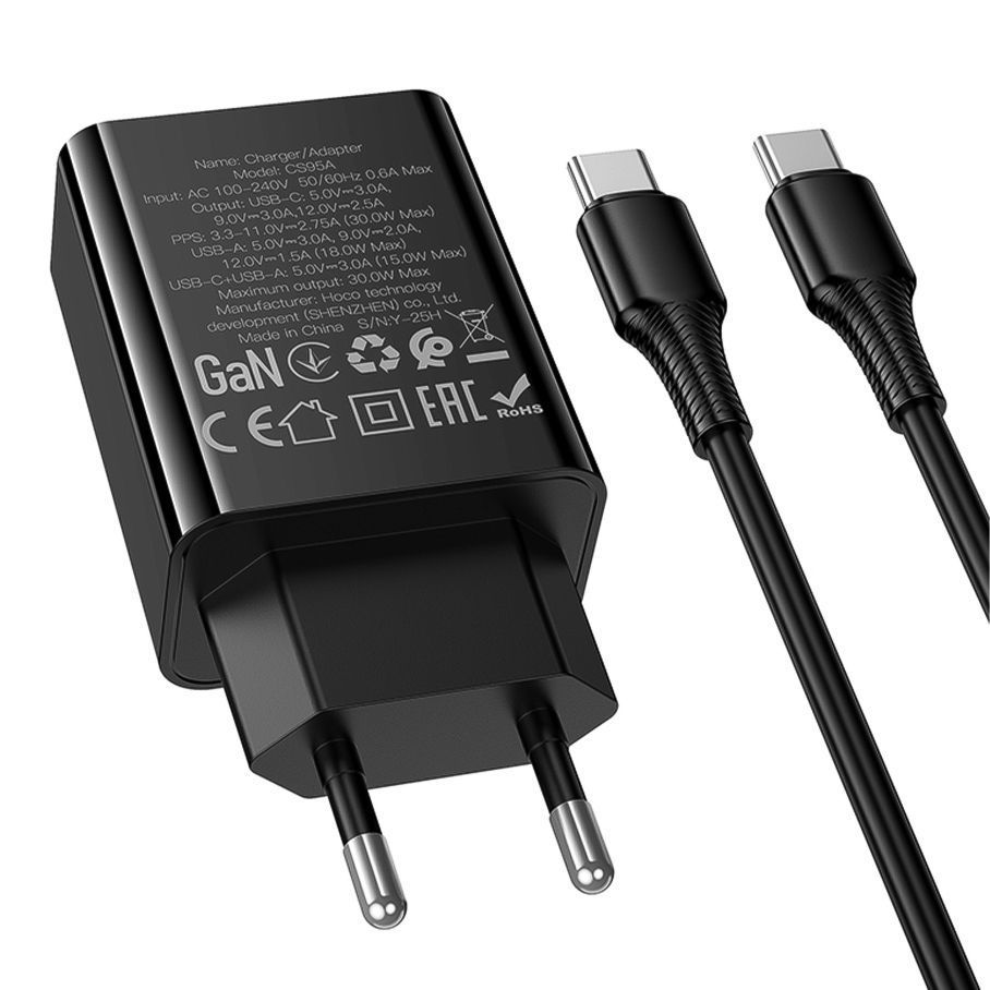 Сетевое Зарядное Устройство Hoco CS95A 1USB/1USB-C QC/PD 30W+Type-C to Type-C