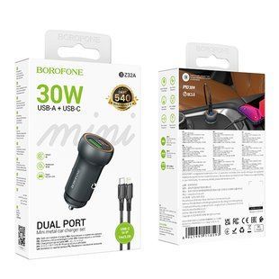 Автомобільний Зарядний Пристрій Borofone BZ32A 1USB/1USB-C QC/PD30W+Type-C to Lightning Сiрий