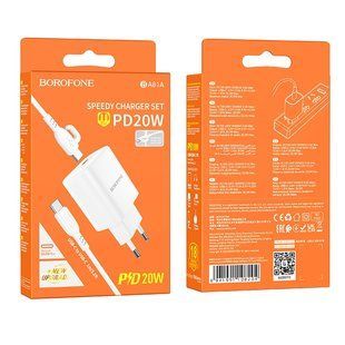 Мережевий Зарядний Пристрій Borofone BA81A 1USB-C PD/QC 20W+Type-C to Type-C Бiлий