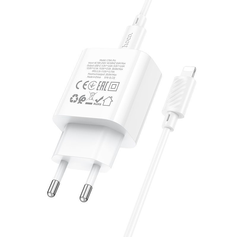 Мережевий Зарядний Пристрій Hoco C76A Pro 1USB-C PD/QC 30W+Type-C to Lightning Бiлий