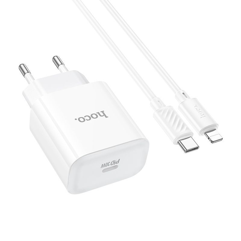Мережевий Зарядний Пристрій Hoco C76A Pro 1USB-C PD/QC 30W+Type-C to Lightning Бiлий