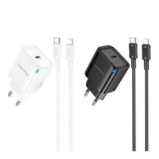 Мережевий Зарядний Пристрій Borofone BA84A 1USB-C PD/QC 30W+Type-C to Lightning Бiлий