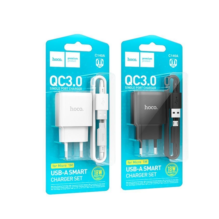 Мережевий Зарядний Пристрій Hoco C140A 1USB QC 18W+USB to Micro Бiлий