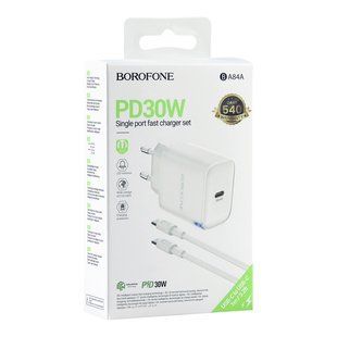 Мережевий Зарядний Пристрій Borofone BA84A 1USB-C PD/QC 30W+Type-C to Type-C Бiлий