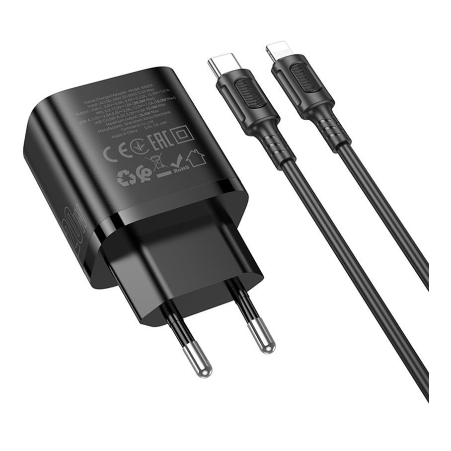 Мережевий Зарядний Пристрій Borofone BA83A 1USB-C/1USB PD/QC 20W+Type-C to Lightning