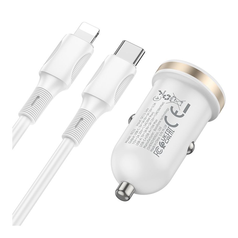 Автомобільний Зарядний Пристрій Borofone BZ22 1USB/1USB-C QC/PD30W+Type-C to Lightning
