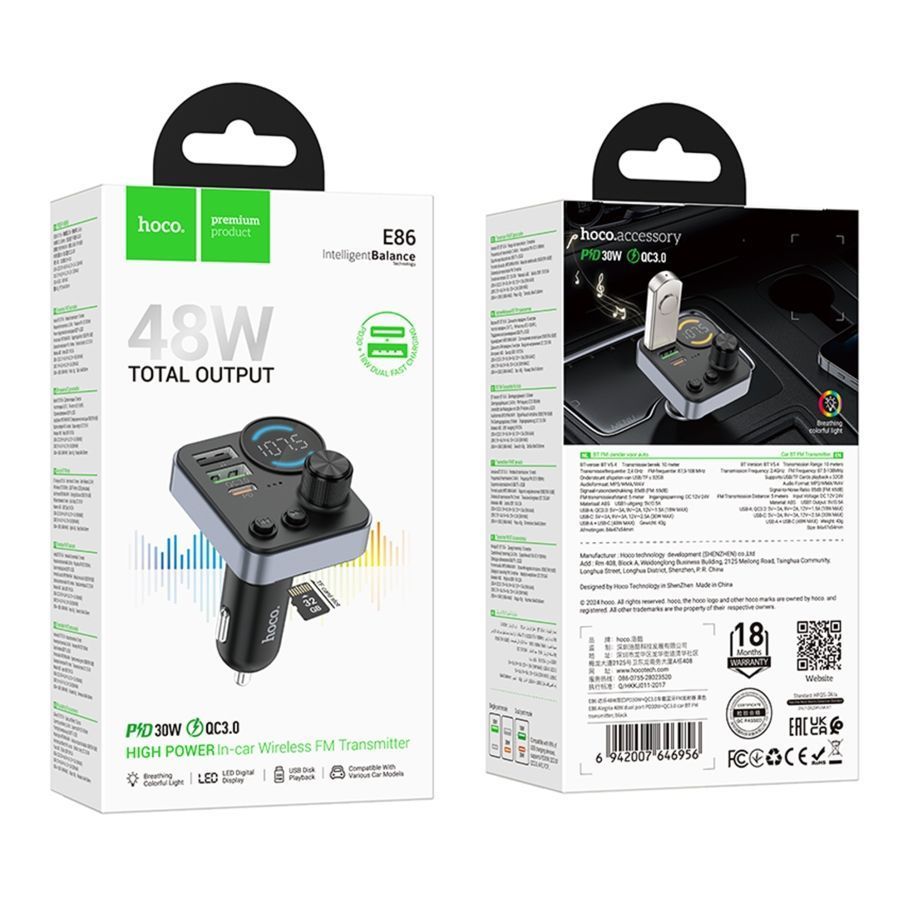 FM-трансмітер Hoco E86 USB-C PD30W+USB-A QC18W/TF/BT5.4 Total 48W