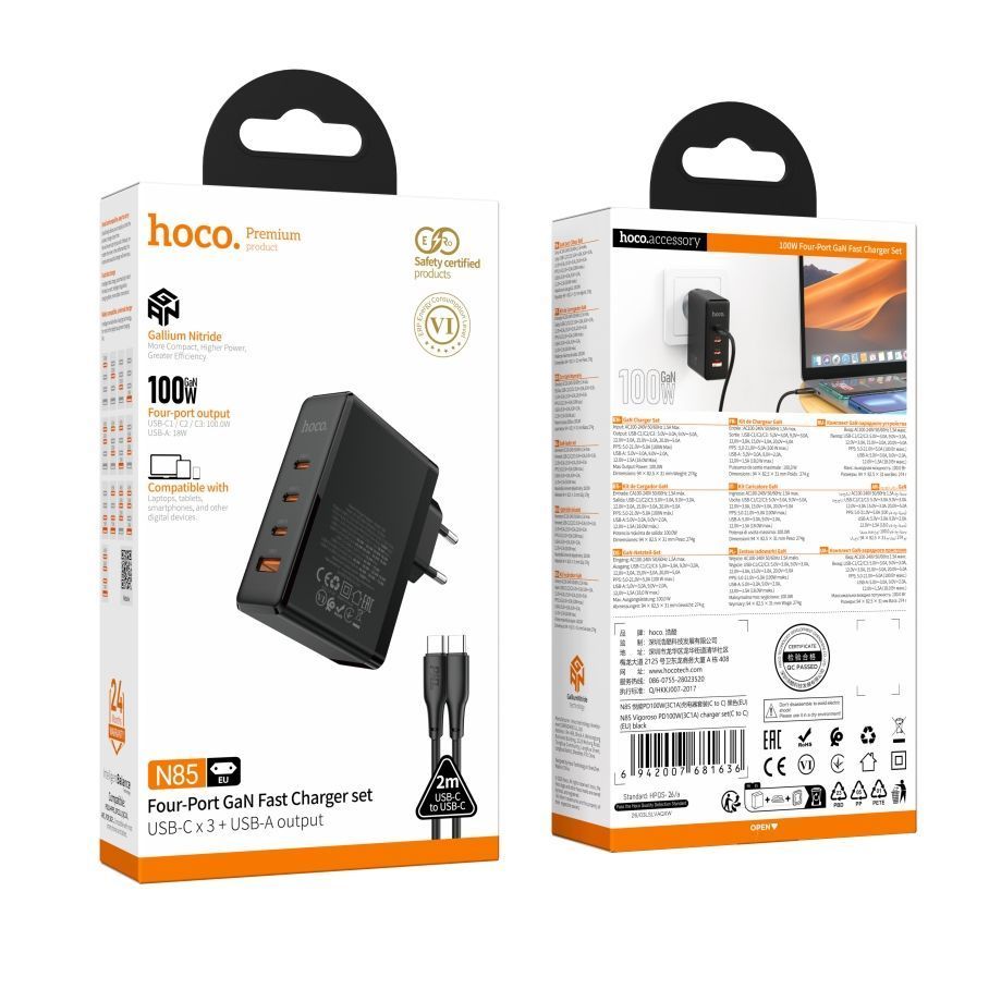 Мережевий Зарядний Пристрій Hoco N85 3USB-C/1USB PD100W GAN+Type-C to Type-C 2m