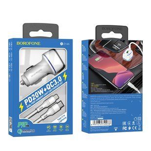 Автомобільний Зарядний Пристрій Borofone BZ14A PD20W+QC3.0 Type-C to Lightning 3A Бiлий