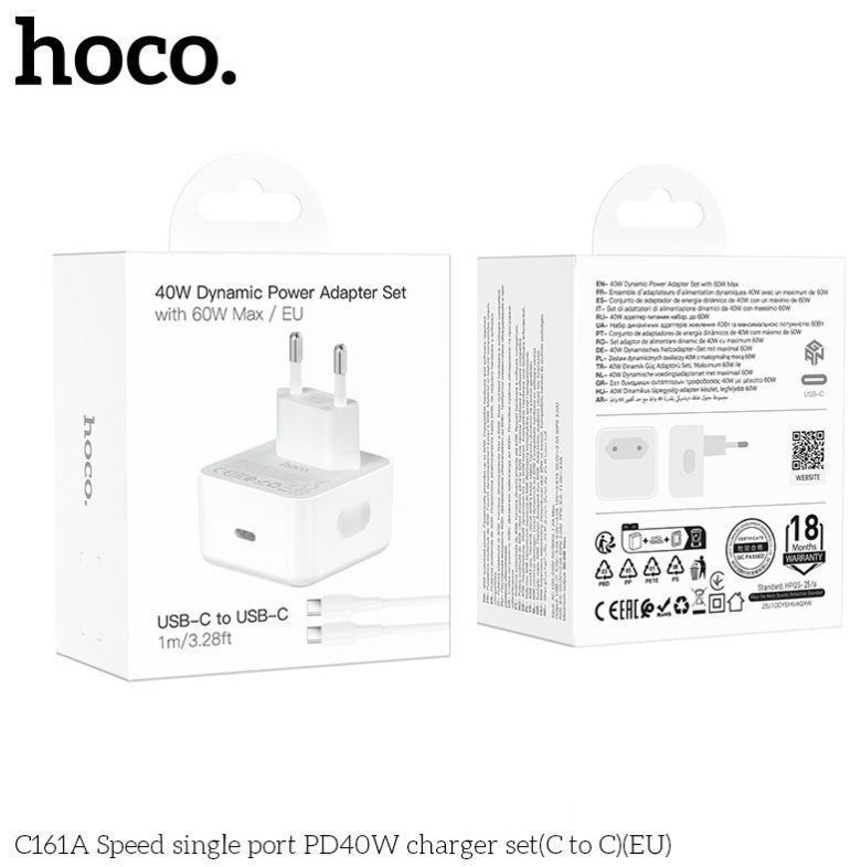 Мережевий Зарядний Пристрій Hoco C161A 1USB-C PD3.2 40W/60W+Type-C to Type-C