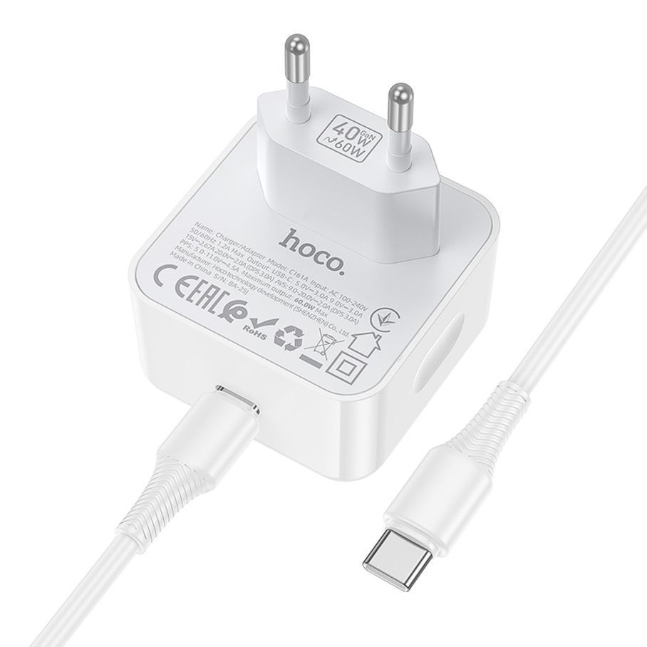 Мережевий Зарядний Пристрій Hoco C161A 1USB-C PD3.2 40W/60W+Type-C to Type-C