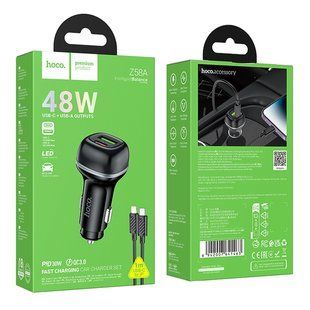 Автомобільний Зарядний Пристрій Hoco Z58A 1USB/1USB-C QC/PD48W+Type-C to Lightning Чорний